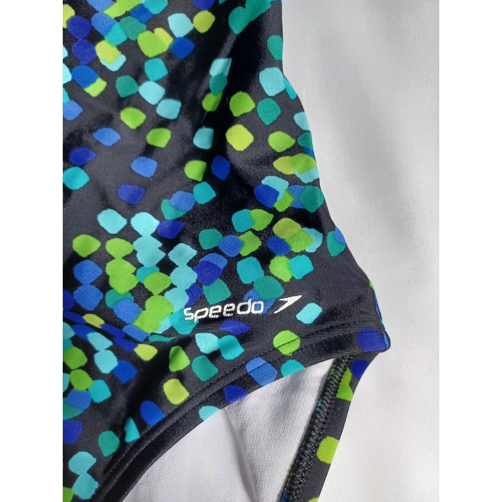 Speedo Swimsuit Womens 8 Black Blue Green One Piece Crossback Swim Print - Picture 3 of 5